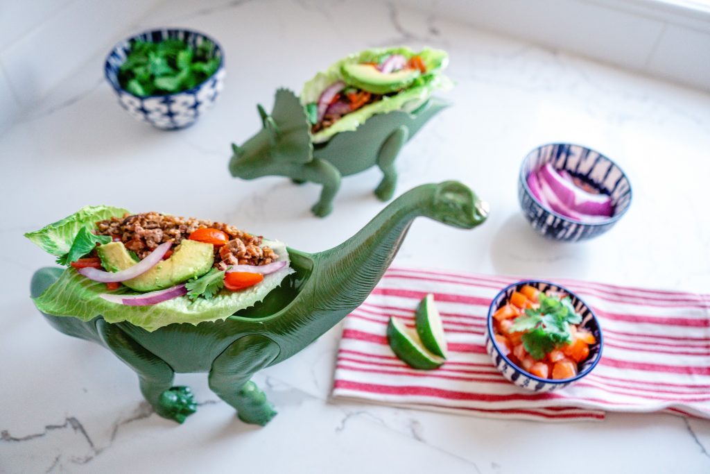 kid friendly-tacos-dinosaur birthday party-food-fun-lettuce wraps-vegan-plant based-Beyond Meat 