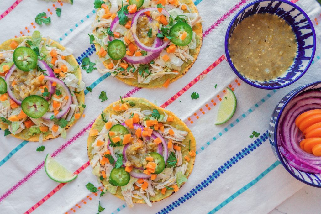 easy salsa verde chicken tostadas pressure cooker crockpot meal recipe- Mexican food