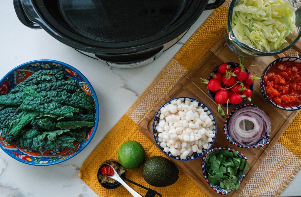 Healthy Mexican Hominy Kale Soup - National Slow Cooking month celebration-Crockpot-plantbased recipe flexitarian