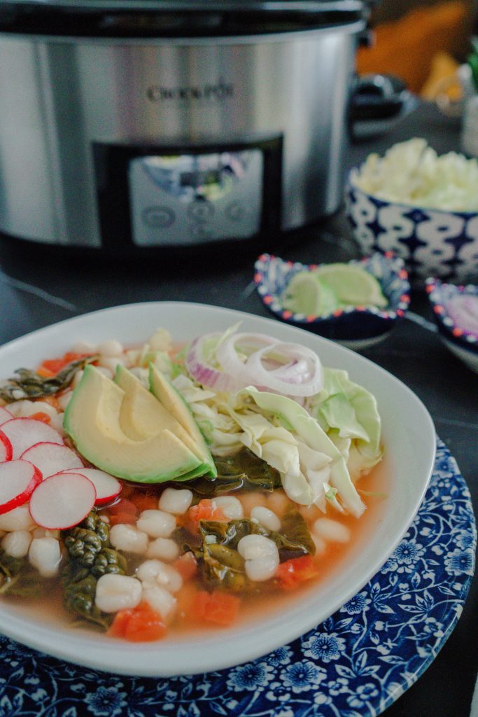 Healthy Mexican Hominy Kale Soup - National Slow Cooking month celebration-Crockpot-plantbased recipe flexitarian pozole