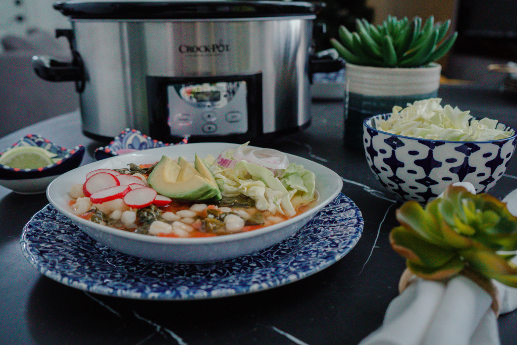 Healthy Mexican Hominy Kale Soup - National Slow Cooking month celebration-Crockpot-plantbased recipe flexitarian pozole