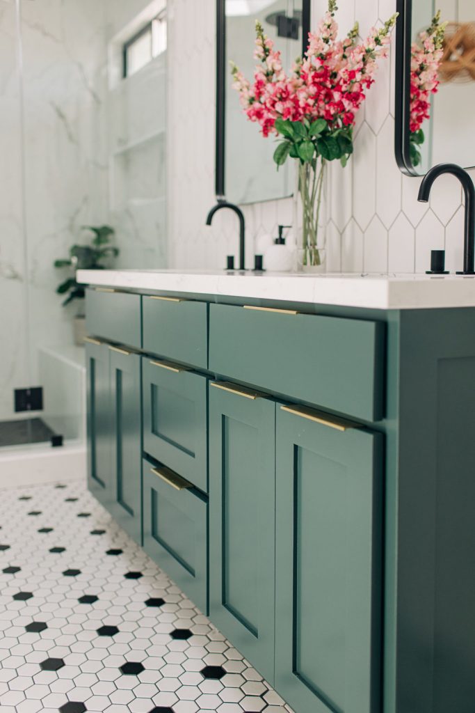 5 Amazing Small Bathroom Renovation Ideas - Primary Bathroom - Home renovation bathroom tips - Custom Green Vanity- bright and airy Bathroom Ideas